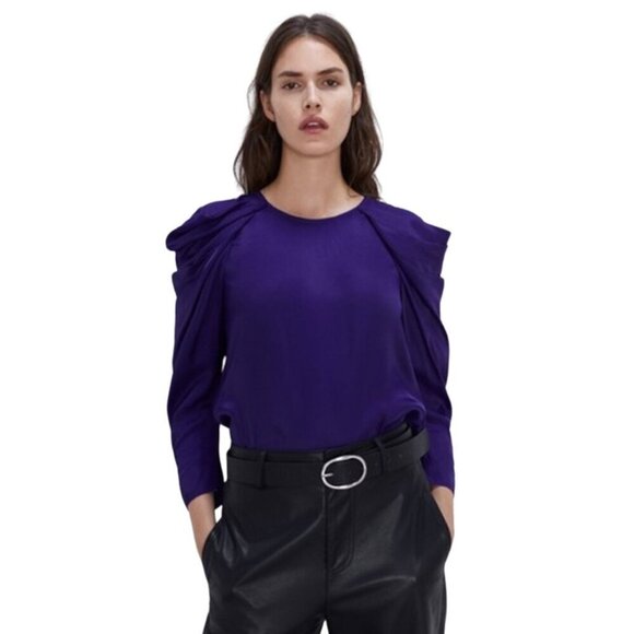Zara Satin Effect Pleated Puff Shoulder Glossy  Blouse | XS | Royal Blue/Purple - Picture 5 of 16